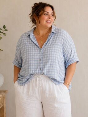 Standard Grace Blue Gingham Lyocell Button Up Blouse 2X Coastal Cottage
